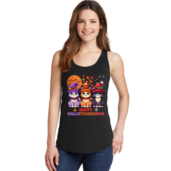 Halloween Thanksgiving Christmas Happy Hallothanksmas Cats Ladies Essential Tank