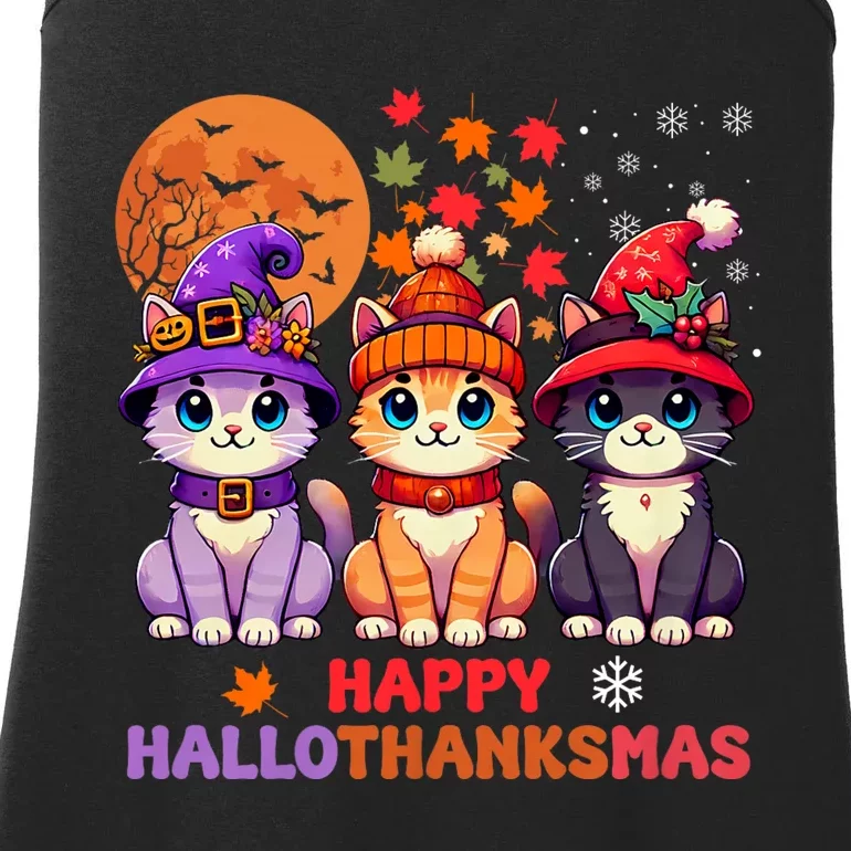 Halloween Thanksgiving Christmas Happy Hallothanksmas Cats Ladies Essential Tank