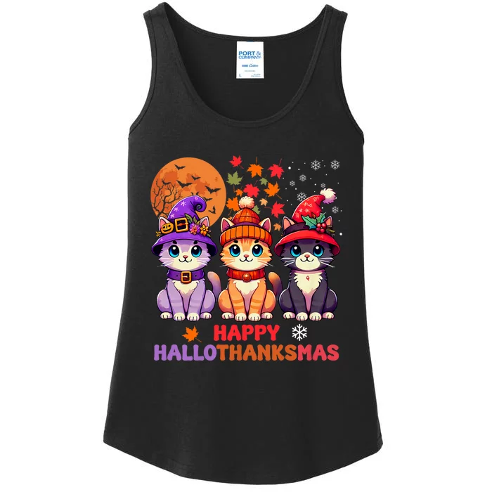 Halloween Thanksgiving Christmas Happy Hallothanksmas Cats Ladies Essential Tank