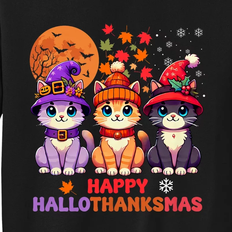 Halloween Thanksgiving Christmas Happy Hallothanksmas Cats Tall Sweatshirt