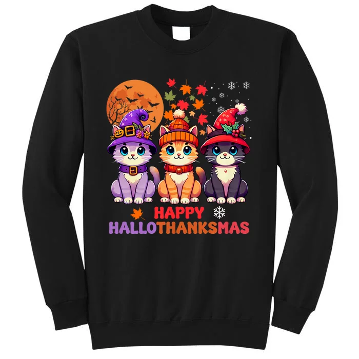 Halloween Thanksgiving Christmas Happy Hallothanksmas Cats Tall Sweatshirt