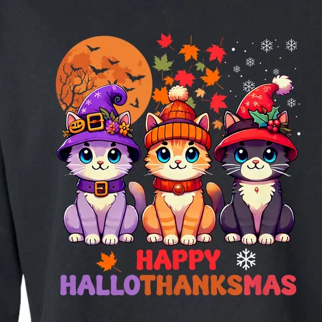 Halloween Thanksgiving Christmas Happy Hallothanksmas Cats Cropped Pullover Crew