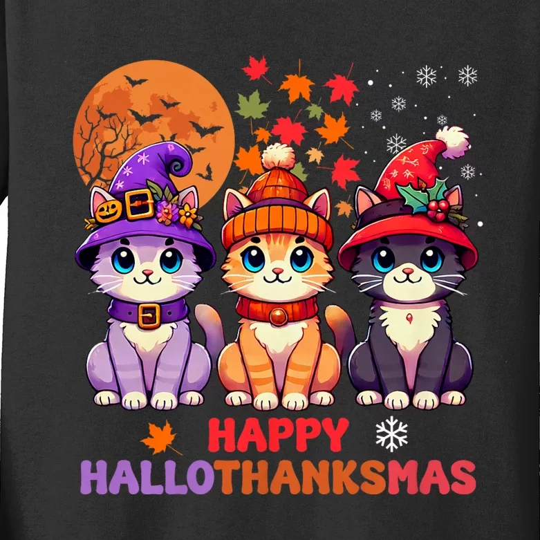 Halloween Thanksgiving Christmas Happy Hallothanksmas Cats Kids Long Sleeve Shirt