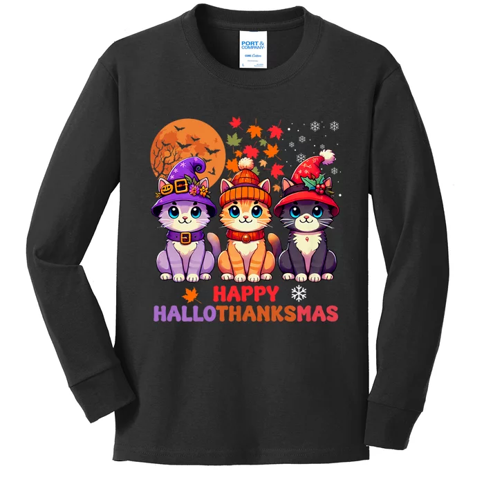 Halloween Thanksgiving Christmas Happy Hallothanksmas Cats Kids Long Sleeve Shirt