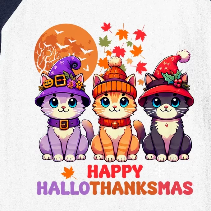 Halloween Thanksgiving Christmas Happy Hallothanksmas Cats Baseball Sleeve Shirt