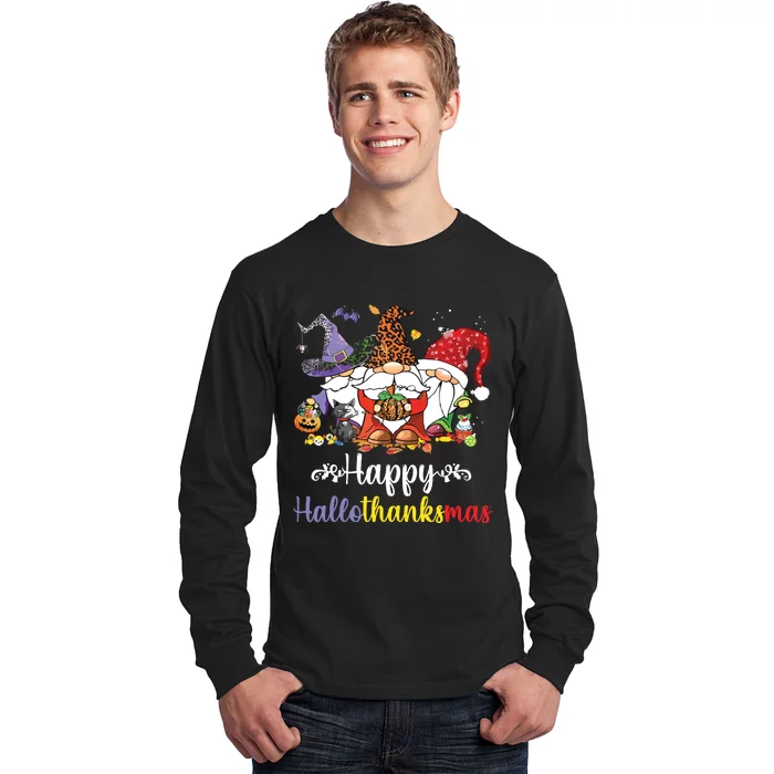 Halloween Thanksgiving Christmas Happy Hallothanksmas Gnome Long Sleeve Shirt