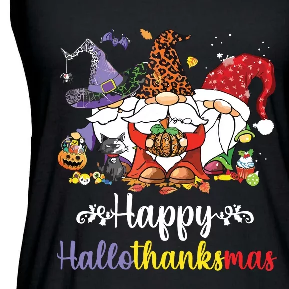 Halloween Thanksgiving Christmas Happy Hallothanksmas Gnome Ladies Essential Flowy Tank