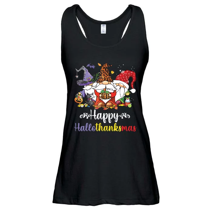 Halloween Thanksgiving Christmas Happy Hallothanksmas Gnome Ladies Essential Flowy Tank