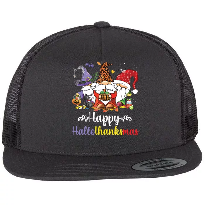 Halloween Thanksgiving Christmas Happy Hallothanksmas Gnome Flat Bill Trucker Hat