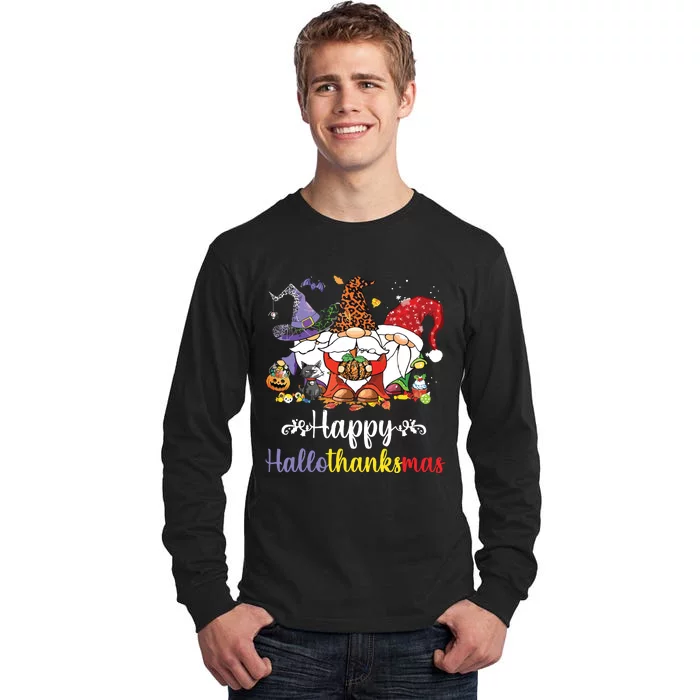 Halloween Thanksgiving Christmas Happy Hallothanksmas Gnome Tall Long Sleeve T-Shirt