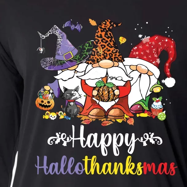 Halloween Thanksgiving Christmas Happy Hallothanksmas Gnome Cooling Performance Long Sleeve Crew