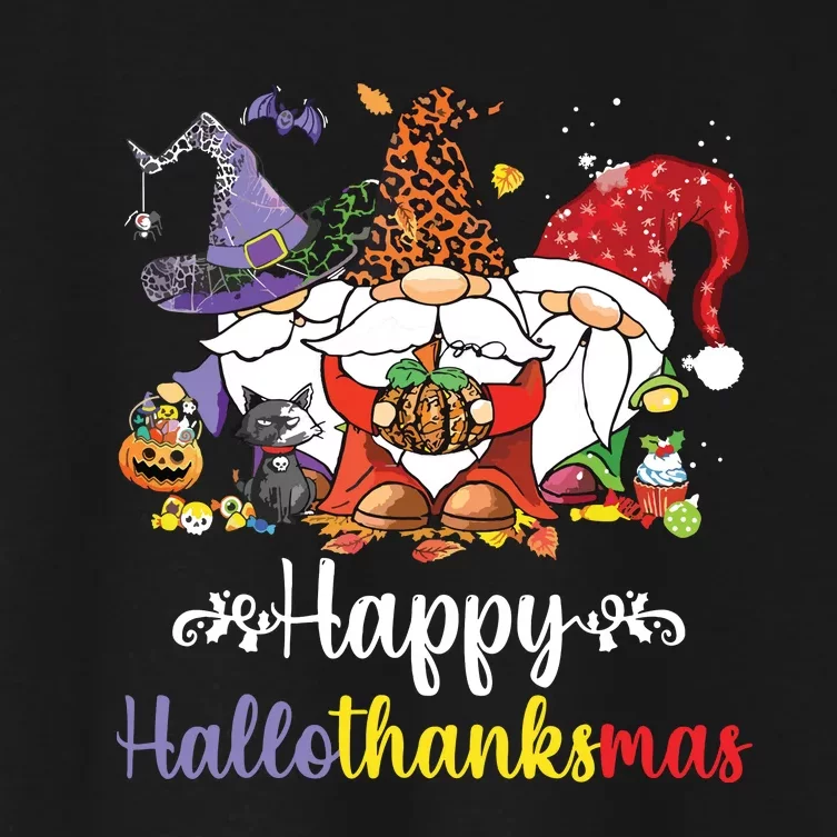 Halloween Thanksgiving Christmas Happy Hallothanksmas Gnome Women's Crop Top Tee