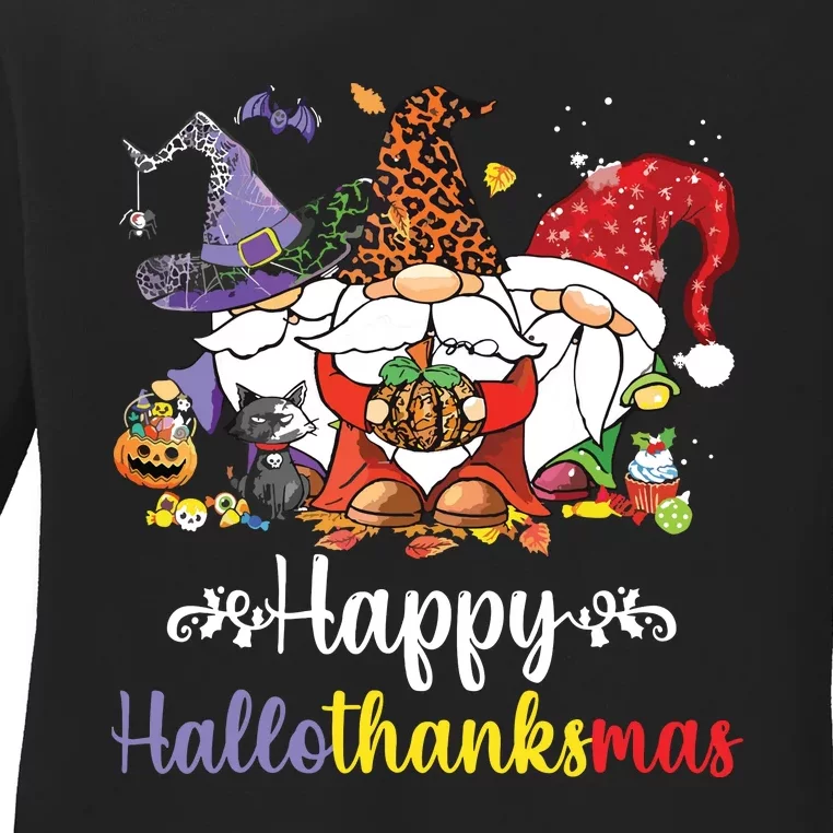 Halloween Thanksgiving Christmas Happy Hallothanksmas Gnome Ladies Long Sleeve Shirt