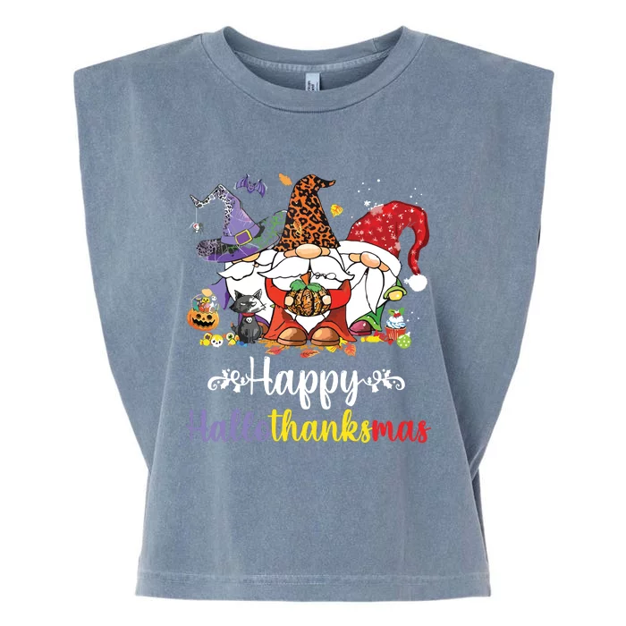 Halloween Thanksgiving Christmas Happy Hallothanksmas Gnome Garment-Dyed Women's Muscle Tee