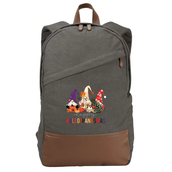 Halloween Thanksgiving Christmas Happy Hallothanksmas Gnomes Cotton Canvas Backpack