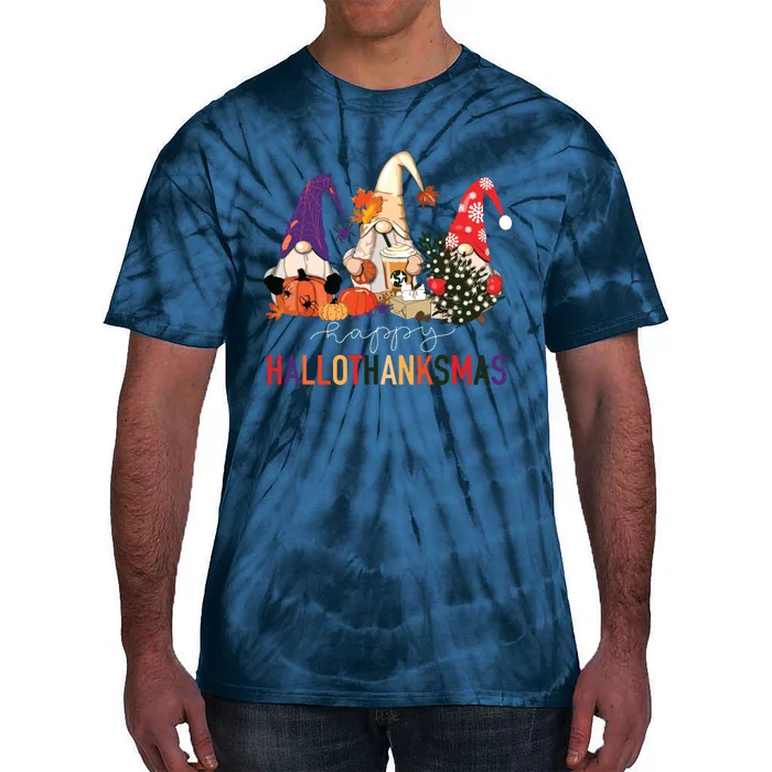 Halloween Thanksgiving Christmas Happy Hallothanksmas Gnomes Tie-Dye T-Shirt