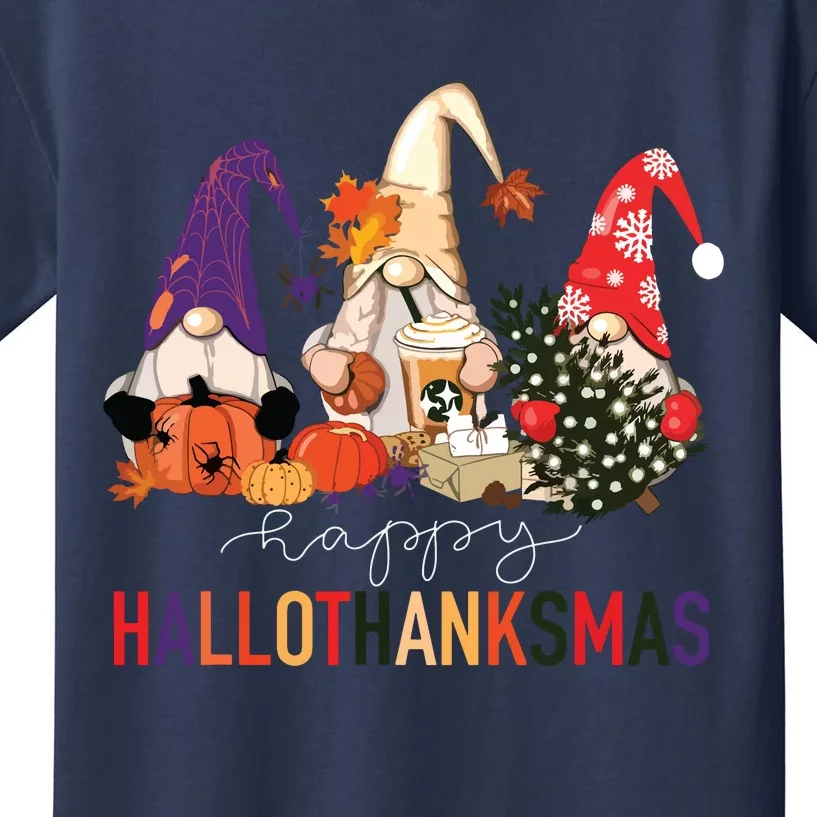 Halloween Thanksgiving Christmas Happy Hallothanksmas Gnomes Kids T-Shirt