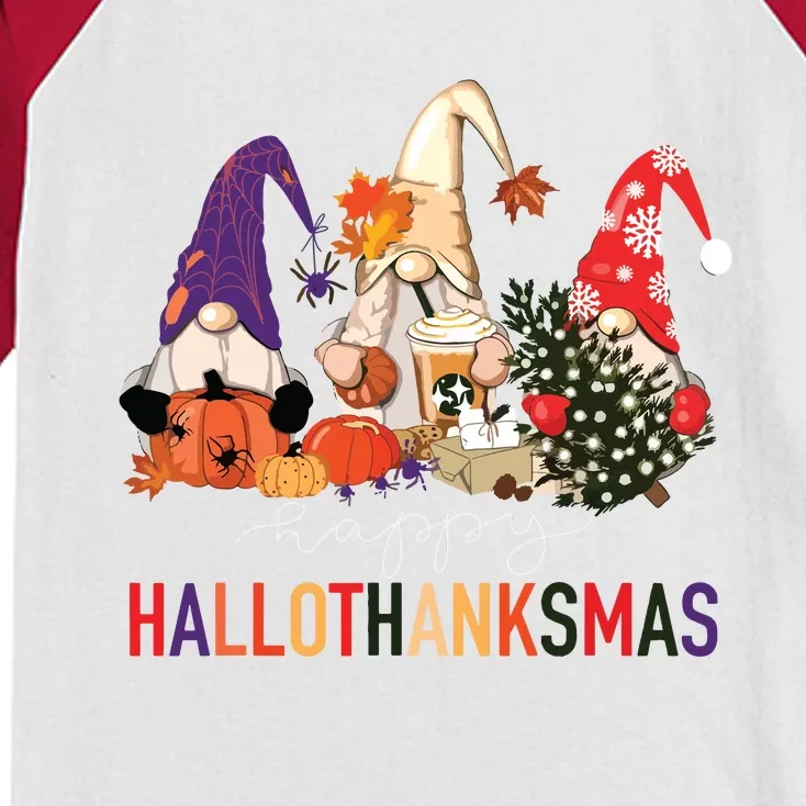 Halloween Thanksgiving Christmas Happy Hallothanksmas Gnomes Kids Colorblock Raglan Jersey