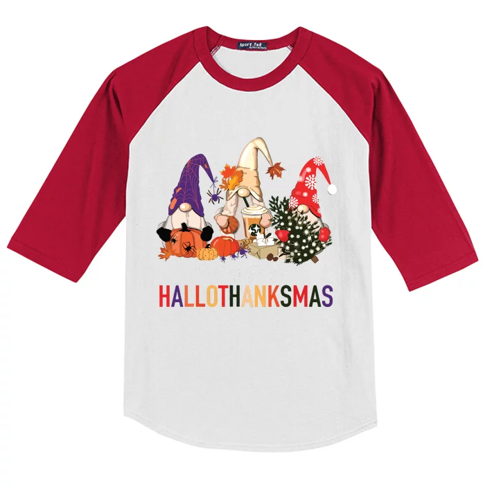 Halloween Thanksgiving Christmas Happy Hallothanksmas Gnomes Kids Colorblock Raglan Jersey