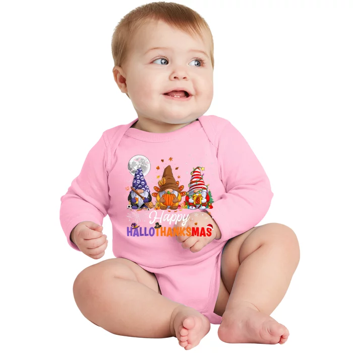 Halloween Thanksgiving Christmas Happy HalloThanksMas Gnomes Baby Long Sleeve Bodysuit