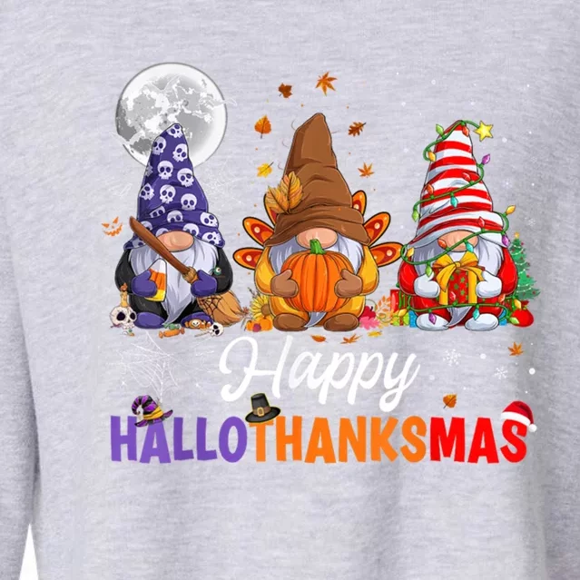 Halloween Thanksgiving Christmas Happy HalloThanksMas Gnomes Cropped Pullover Crew