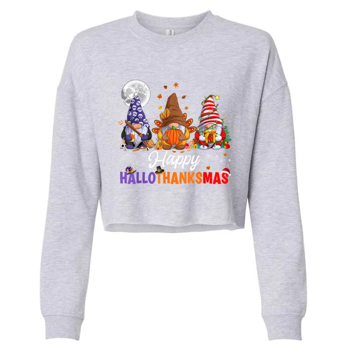 Halloween Thanksgiving Christmas Happy HalloThanksMas Gnomes Cropped Pullover Crew