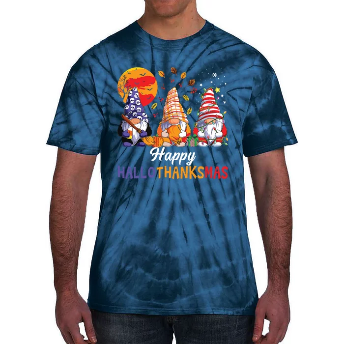 Halloween Thanksgiving Christmas Happy Hallothanksmas Gnomes Tie-Dye T-Shirt