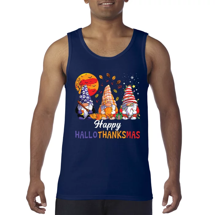 Halloween Thanksgiving Christmas Happy Hallothanksmas Gnomes Tank Top