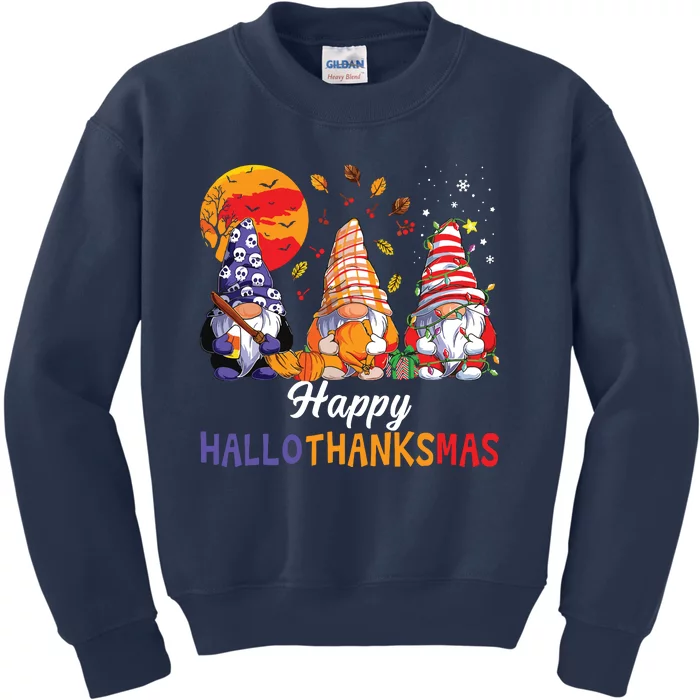 Halloween Thanksgiving Christmas Happy Hallothanksmas Gnomes Kids Sweatshirt