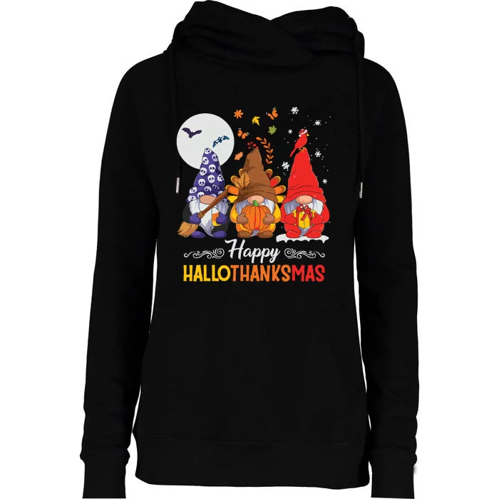 Halloween Thanksgiving Christmas Happy Hallothanksmas Gnomes Womens Funnel Neck Pullover Hood