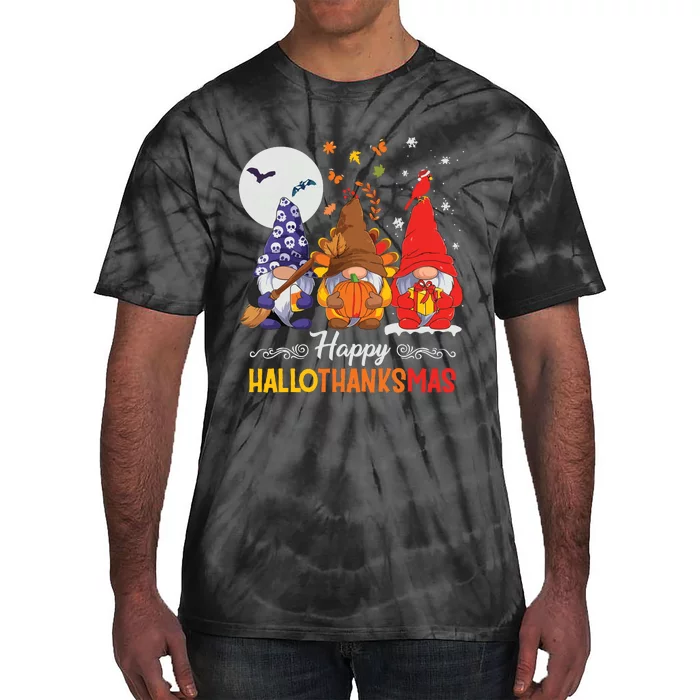 Halloween Thanksgiving Christmas Happy Hallothanksmas Gnomes Tie-Dye T-Shirt