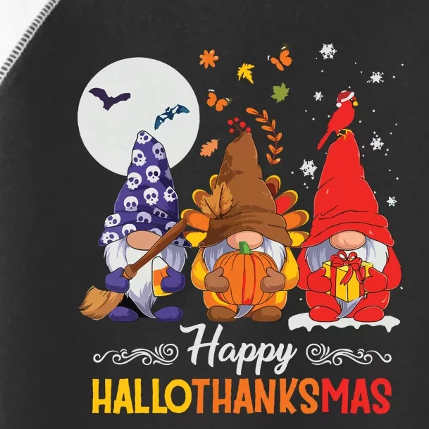 Halloween Thanksgiving Christmas Happy Hallothanksmas Gnomes Toddler Fine Jersey T-Shirt