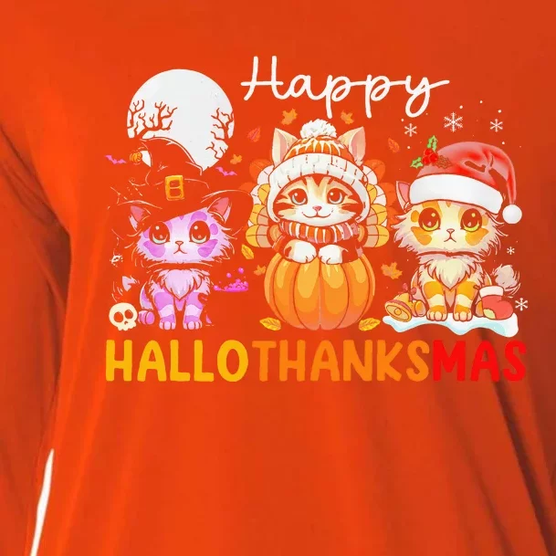 Halloween Thanksgiving Christmas Happy Hallothanksmas Cats Cooling Performance Long Sleeve Crew