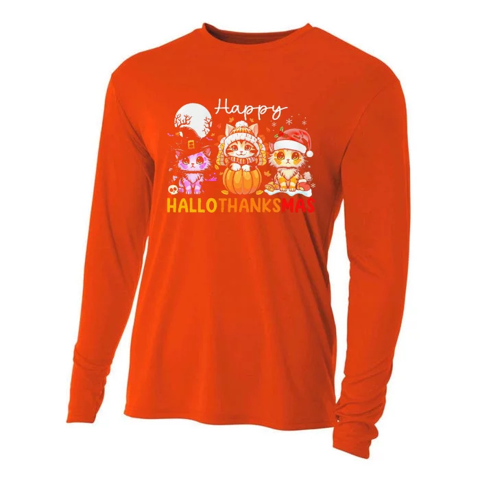 Halloween Thanksgiving Christmas Happy Hallothanksmas Cats Cooling Performance Long Sleeve Crew