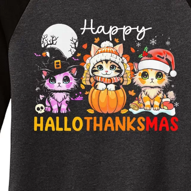 Halloween Thanksgiving Christmas Happy Hallothanksmas Cats Women's Tri-Blend 3/4-Sleeve Raglan Shirt