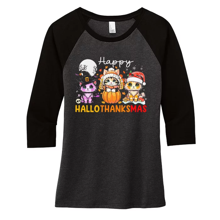 Halloween Thanksgiving Christmas Happy Hallothanksmas Cats Women's Tri-Blend 3/4-Sleeve Raglan Shirt