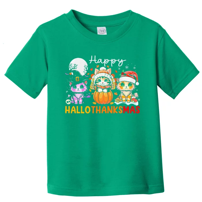 Halloween Thanksgiving Christmas Happy Hallothanksmas Cats Toddler T-Shirt