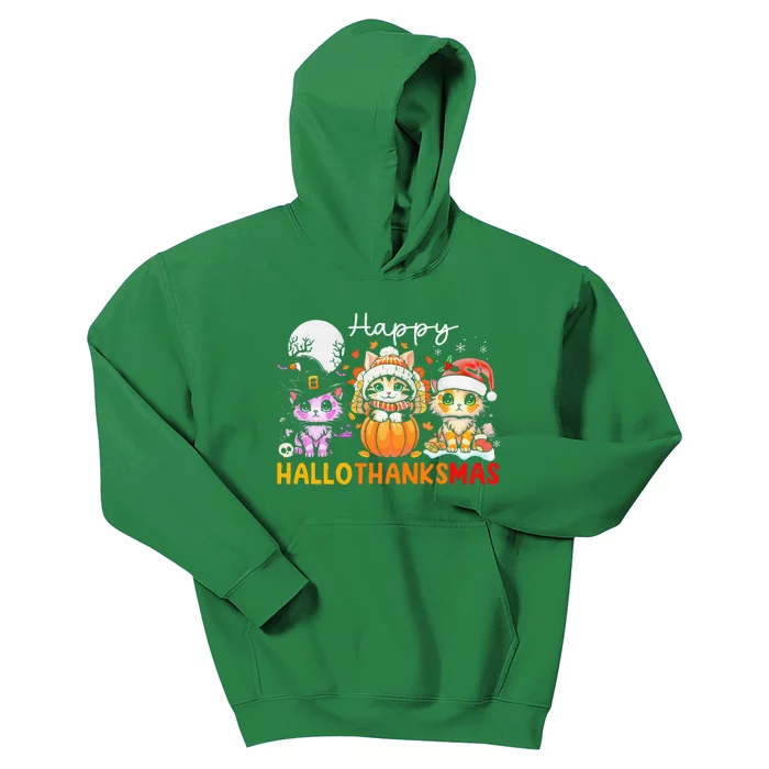 Halloween Thanksgiving Christmas Happy Hallothanksmas Cats Kids Hoodie