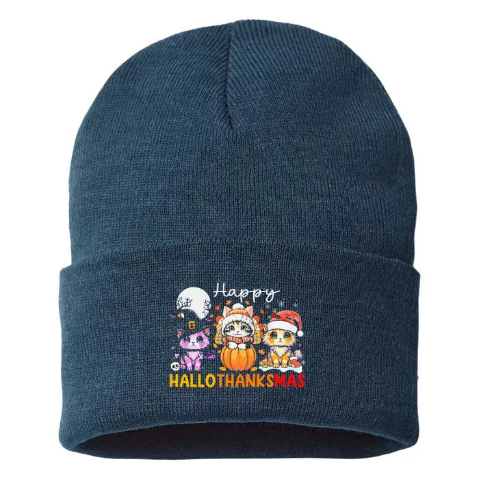 Halloween Thanksgiving Christmas Happy Hallothanksmas Cats Sustainable Knit Beanie