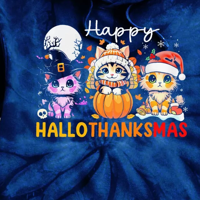 Halloween Thanksgiving Christmas Happy Hallothanksmas Cats Tie Dye Hoodie