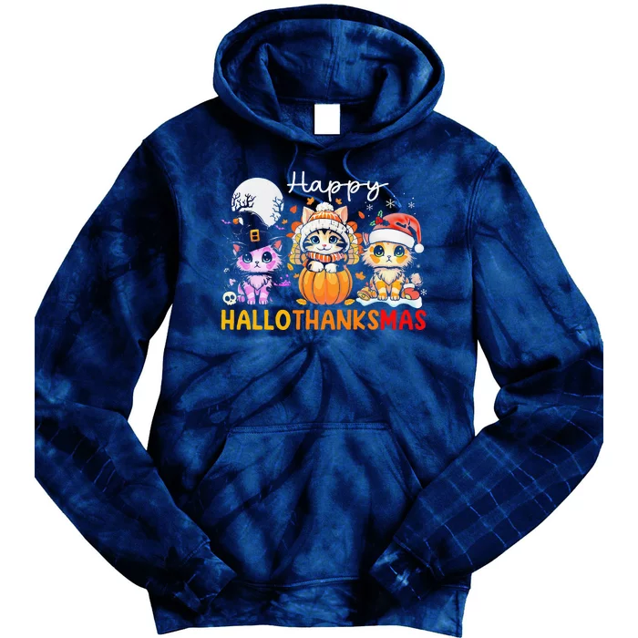 Halloween Thanksgiving Christmas Happy Hallothanksmas Cats Tie Dye Hoodie