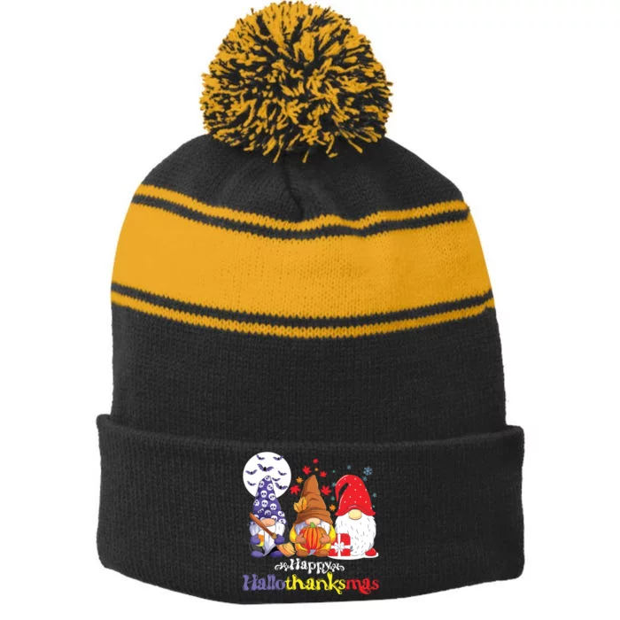 Halloween Thanksgiving Christmas Happy Hallothanksmas Gnomes Stripe Pom Pom Beanie