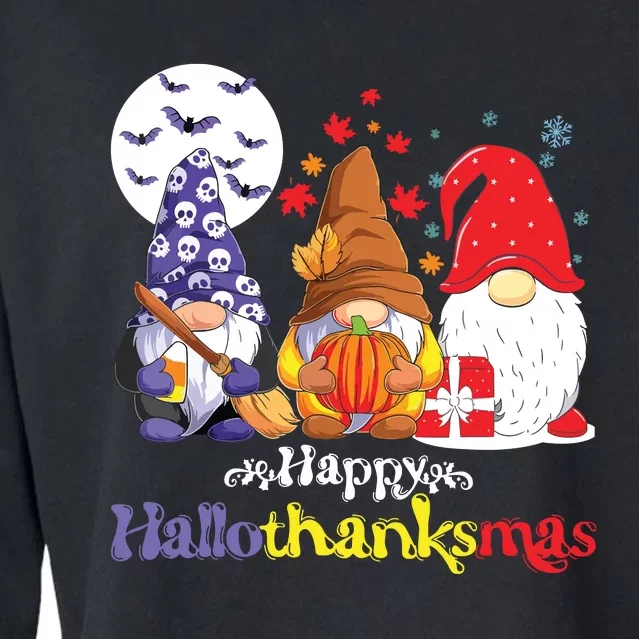 Halloween Thanksgiving Christmas Happy Hallothanksmas Gnomes Cropped Pullover Crew