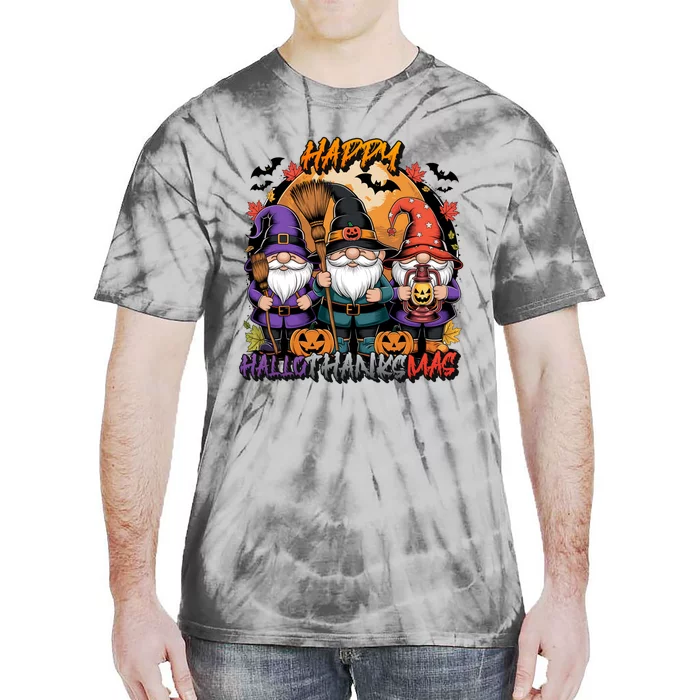 Halloween Thanksgiving Christmas Happy Hallothanksmas Gnomes Tie-Dye T-Shirt