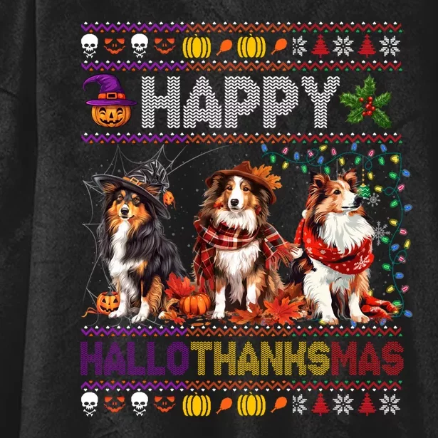 Halloween Thanksgiving Christmas Ugly Shetland Sheepdog Hooded Wearable Blanket