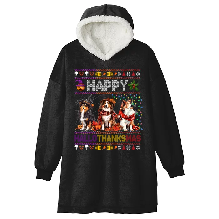 Halloween Thanksgiving Christmas Ugly Shetland Sheepdog Hooded Wearable Blanket