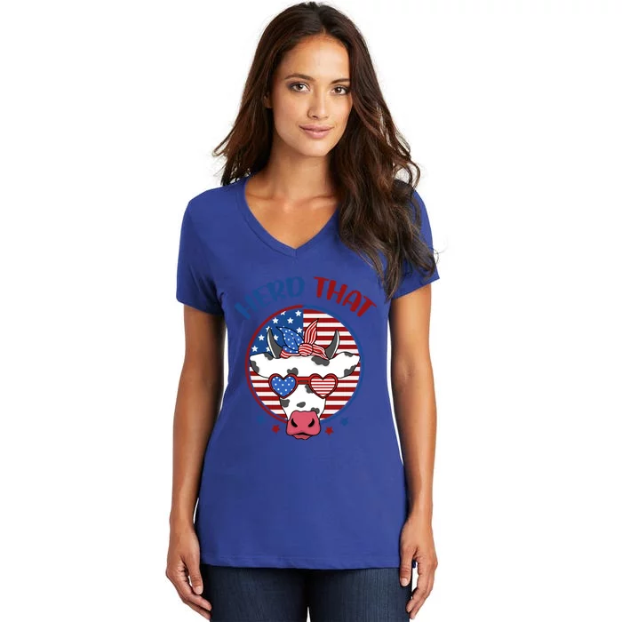 Herd That Cow Patriotic Moo Red White Blue Usa Farmer 4th Gift Women's V-Neck T-Shirt