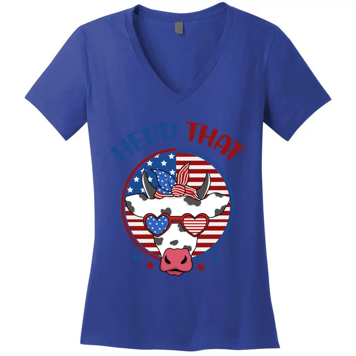 Herd That Cow Patriotic Moo Red White Blue Usa Farmer 4th Gift Women's V-Neck T-Shirt