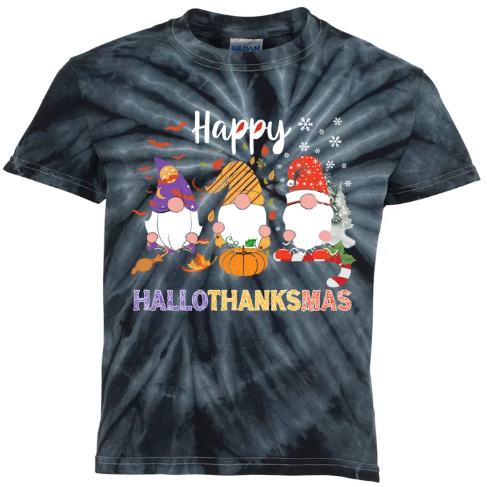 Halloween Thanksgiving Christmas Happy Hallothanksmas Gnomes Kids Tie-Dye T-Shirt