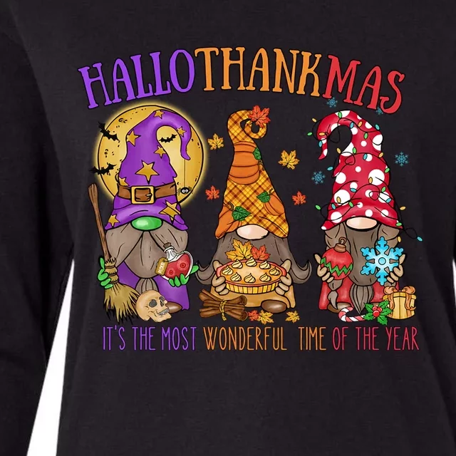 Halloween Thanksgiving Christmas Happy Hallothanksmas Gnome Gift Womens Cotton Relaxed Long Sleeve T-Shirt